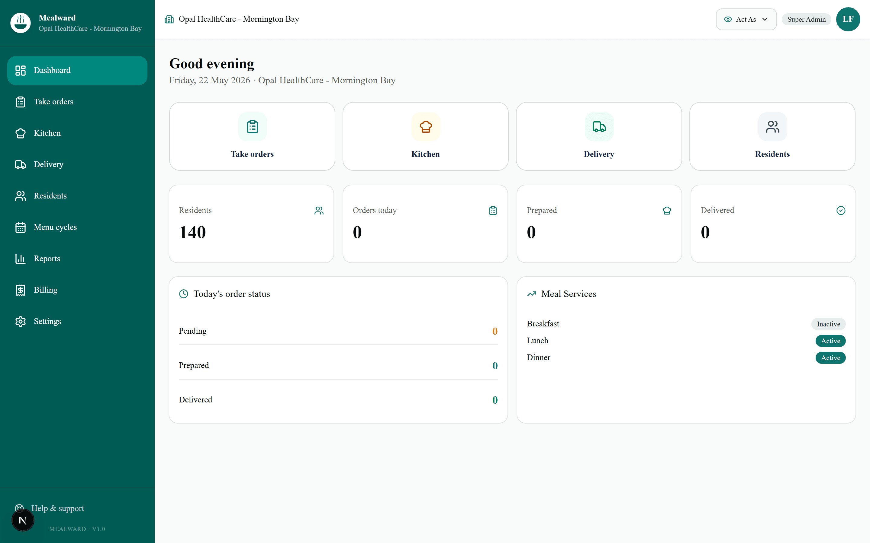 Mealward dashboard - facility view showing live order status, meal services, and dietary-safe ordering