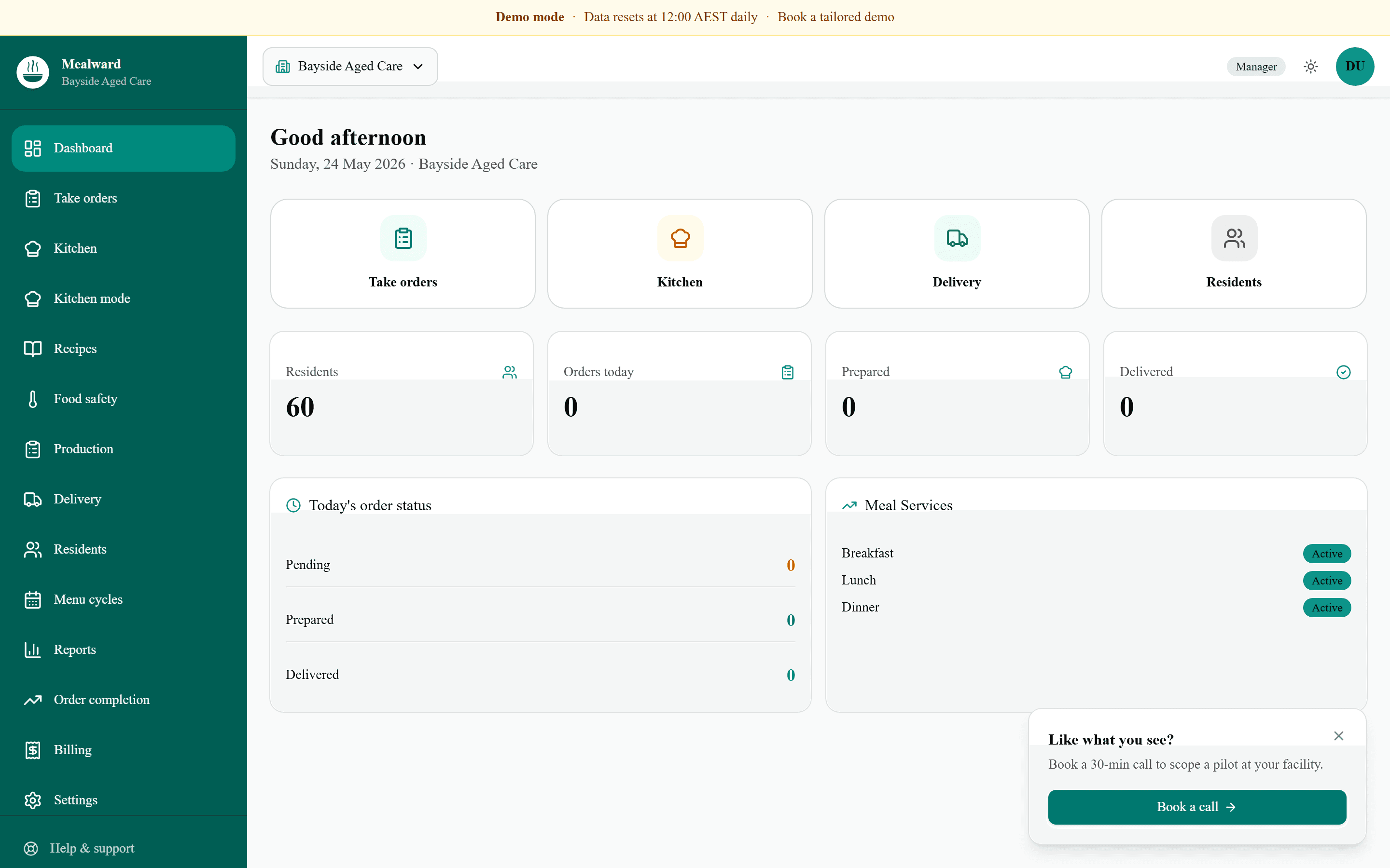 Mealward dashboard on a laptop showing daily order status